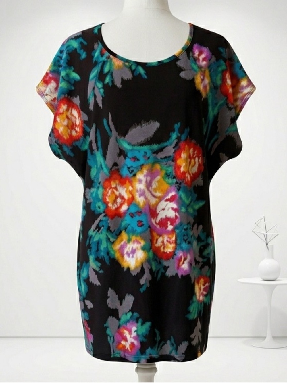 Orion London| Gorgeous Multicolour Abstract Silky Black Tunic Mini Dress Sz XS/S